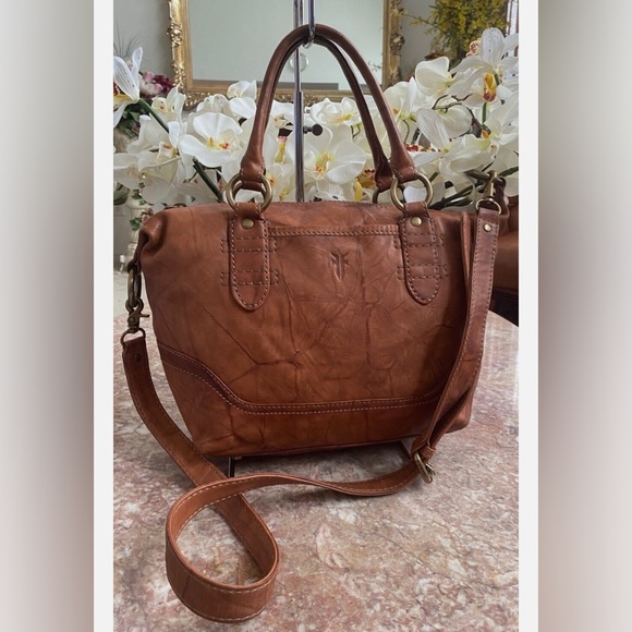 FRYE Melissa Cognac Distresses Leather Satchel